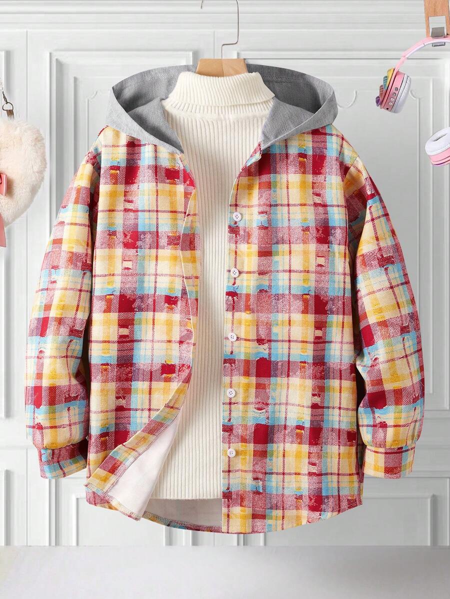 1 Stück Tween-Mädchen Jacke mit Kapuze im Kontrast Karomuster, Knopfleiste - Verschiedenfarbig - Übersicht 1