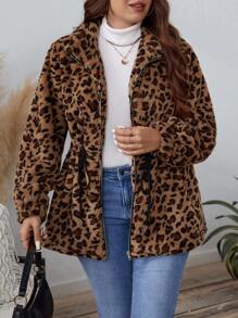 EMERY ROSE Plus Size Women's Thermal Casual Loose Leopard Print Long Sleeve Belted Coat, Fall & Winter Women Fleece Winter Hoodie Thanksgiving Holiday - Multicolor - View 5
