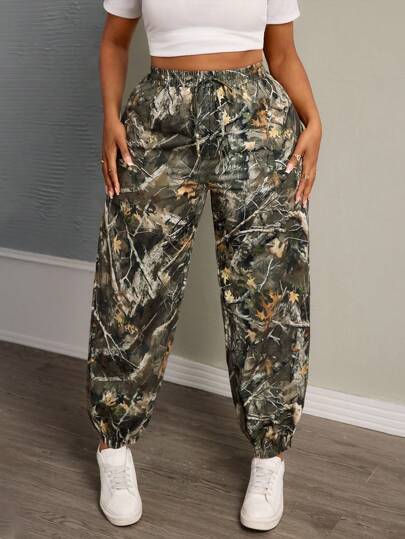 Slaydiva Plus Size Women's Allover Print Front Tie Casual Joggers Pants