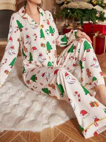 Christmas Pattern Print Lapel Long Sleeve Top & Pants Pajama Set Gingerbread Pajamas - Multicolor - View 3