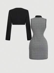 SHEIN MOD Elegante conjunto casual de traje de oficina: vestido y chaqueta, conjunto de dos piezas para otoño, chaquetas de mujer para otoño, vestimenta casual de negocios para mujer, vestido formal, conjunto de dos piezas para mujer sexy de oficina, atuendo de estilo "vieja riqueza" para maestras