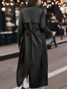 RueChic Faux Leather, Belted, Shoulder Tab Detailed Maxi Overcoat - Black - View 3