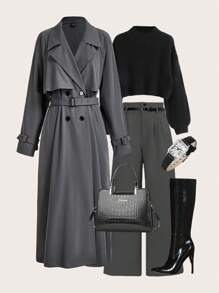Mulvari 女士纯色翻领长袖双排扣长款优雅外套，春秋季 - 深灰色 - 查看 1