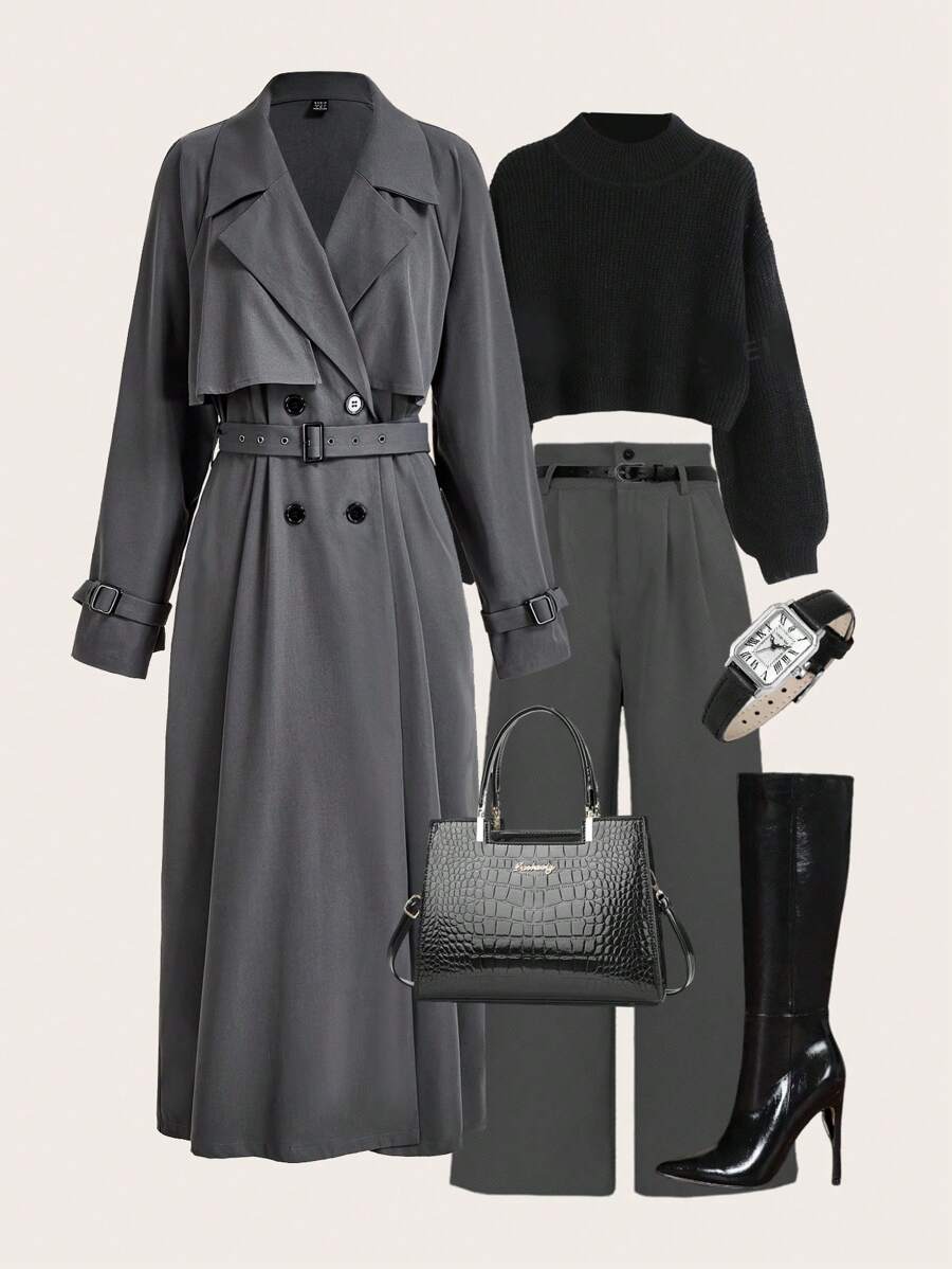 Mulvari 女士纯色翻领长袖双排扣长款优雅外套，春秋季 - 深灰色 - 查看 1