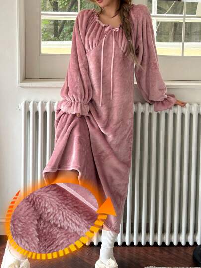 DAZY Pleated Ruffled Waist Plush Lounge Dress,Fleece Lined Fall,Winter Fluffy, Cozy Outfit