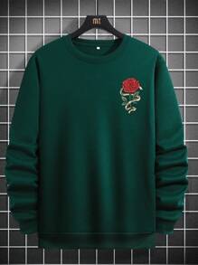 Manfinity Homme Loose Fit Men's Solid Thermal Lined Sweatshirt, Men Rose Sweatshirt, Green Sweatshirt Men, Men Graphic Sweatshirt - Dark Green - View 3