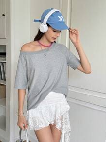 INAWLY Women's Solid Color Minimalist Off Shoulder T-Shirt