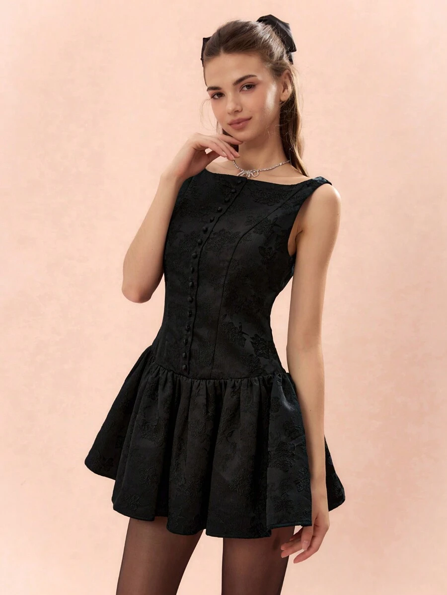 Enchnt Đầm mini thanh lịch không tay họa tiết hoa jacquard cỡ lớn cho nữ