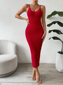 SHEIN Clasi 女士优雅罗纹针织长款紧身情人节浪漫吊带毛衣连衣裙，红色 - 紅色 - 查看 3