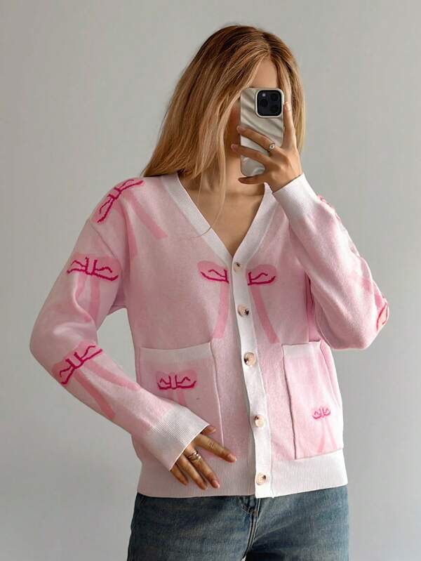 Forever 21 Nuevo cárdigan de punto informal con cuello en V, bloqueo de color y adorno de lazo para niñas, para otoño/invierno