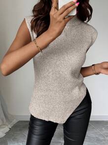 Chiquease 女式纯色高领不对称下摆无袖针织毛衣，秋冬季 - 卡其色 - 查看 1