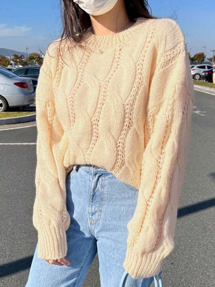 Women's Round Neck Solid Color Minimalist Pullover Chunky Knit Sweater, Casual Daily Wear,Fall Women Clothes