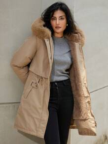 Aveloria Luźna, długa parka z kapturem i ściągaczem w pasie, z małym nadrukiem na plecach, ciepła, ocieplana, syntetyczna izolacja z poliestru, kurtka zimowa, kurtka zimowa, płaszcz na zimowe ubrania