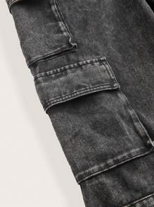 SHEIN EZwear Washed Black Denim Multi-Pocket Cargo Wide Leg Jeans