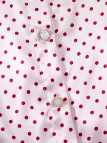 2pcs/Set Young Girl' Pearl Button Red Polka Dot Puff Sleeve Print Longsleeve Top And Pants Sleepwear Set