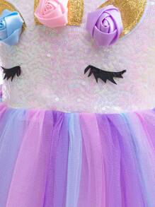 Glamorique Kids Váy công chúa dự tiệc nhiều màu sắc Unicorn Unicorn cho bé gái, váy lưới sequin có hoa hồng nhiều màu, sừng tai và mặt nạ che mắt, nơ cho tiệc tùng, sân khấu, cosplay, phong cách Trung Đông và Châu Âu - trắng - Xem 4