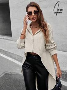 SHEIN Clasi Blusa de manga larga con diseño de lazo en la espalda, talla grande larga por detrás - Caqui - Ver 3