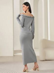 Modelyn Women's Off Shoulder Long Sleeve Solid Knit Sweater & Long Hem Knit Skirt 2 Pieces Set, Elegant And Slim-Fit, Fall 2 Pieces Set
