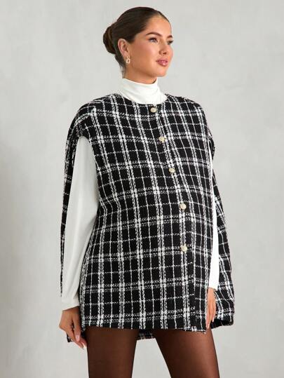 MaterniChic Maternity Plaid Print Button Front Coat, Autumn Winter