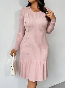 Franclia Plus Size Women Elegant Solid Colored Button Decor Ruffle Hem Bodycon Ribbed Knit Sweater Dress, For Winter