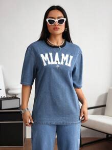 SHEIN EZwear 女士字母贴花牛仔短袖衬衫 - 藍色 - 查看 6