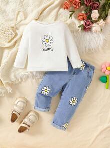 女婴休闲花卉印花长袖上衣和牛仔裤套装，秋季 - 白色 - 查看 1
