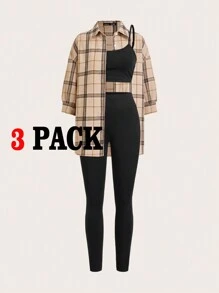 SHEIN Essnce Women's Casual Light Sports Summer Outfit, Sexy & Fashionable Outdoor Cycling Tennis Travel Spaghetti Strap Top Spaghetti Strap Top & Compression Trousers Pants & Plaid Shirt 3pcs/Set