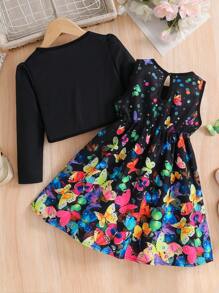 2pcs/Set Young Girl Cute Butterfly Print Long Sleeve Jacket & Sleeveless Dress Set, Fit For Spring Autumn - Black - View 2