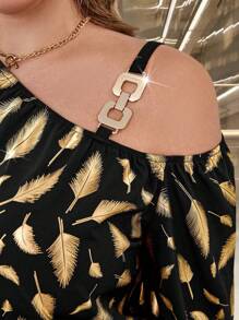 SHEIN Unity Plus Size Asymmetrical Neck Long Sleeve Metal Button Foil Print Loose Blouse - Black - View 3