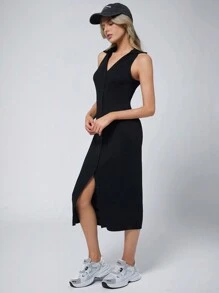 SHEIN EZwear Women's Black Polo Collar Button Front Sleeveless Midi Bodycon Dress