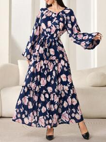 Modelyn Đầm dạ hội dài thanh lịch cổ tròn in hoa tay đèn lồng kiểu Ả Rập cho nữ - Màu xanh hải quân - Xem 3