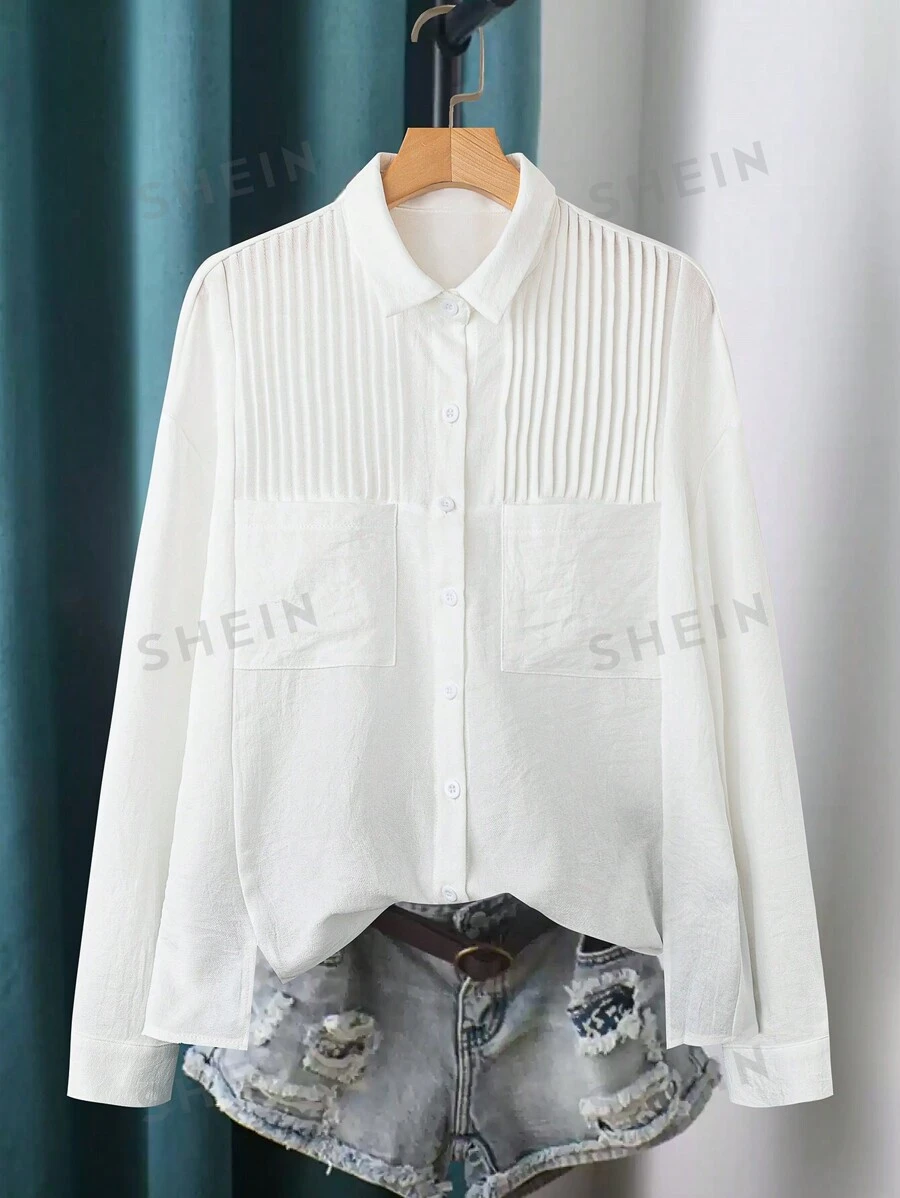 Chiquease Camisa suelta casual de manga larga con pliegues y bolsillos, unicolor, para mujer, otoño