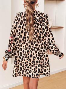 SHEIN VCAY Women's Autumn Leopard Print Frill Collar Long Sleeve Loose Fashion Dress - Multicolor - View 2