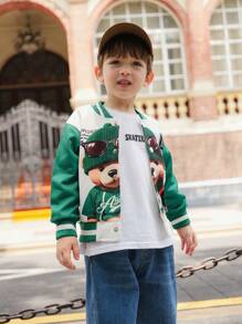 SHEIN 年轻男孩绿色和白色对比熊印花前扣长袖夹克，适合秋季 - 彩色 - 查看 3
