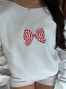 INAWLY 女士蝴蝶印花不对称领口宽松长袖运动衫，秋冬季休闲风格 - 白色 - 查看 4