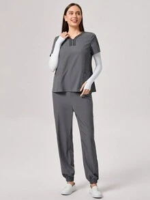 TaskEZ V 领短袖撞色 4 个口袋休闲女式 T 恤刷洗制服衬衫和女式裤子刷洗制服套装，健康检查手术刷洗制服套装女士纯色宠物美容工作刷洗制服套装营养师工作服短袖实验室工作服女士两件套刷洗套装套装，多口袋功能性工作服，上衣领口带拉链方便穿脱，下身松紧腰带方便穿脱 - 灰色 - 查看 6