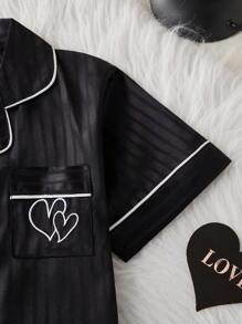 青少年女孩睡衣套装 - 简约条纹缎面面料短袖开衫配短裤，休闲家居服 2 件套