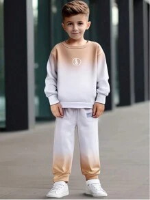 SHEIN 2 piezas Conjunto informal de sudadera y pantalón de chándal con cuello redondo en degradado para niño joven, otoño