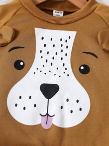 SHEIN 2 件装男婴休闲可爱小狗印花宽松插肩袖运动衫和裤子套装，厚冬装，适合秋冬季的百搭服装 - 棕色 - 查看 5