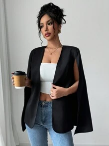 Firerie 女士优雅纯色斗篷大衣，秋季 - 黑色 - 查看 4