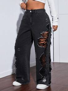 SHEIN ICON Quần Jeans Boyfriend Ống Rộng Thời Trang Cỡ Lớn Đã Giặt Cũ - màu đen - Xem 3