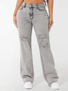 SHEIN SXY Quần Jeans Denim Thường Ngày Túi Rách Trơn - Màu Xám nhạt - Xem 1