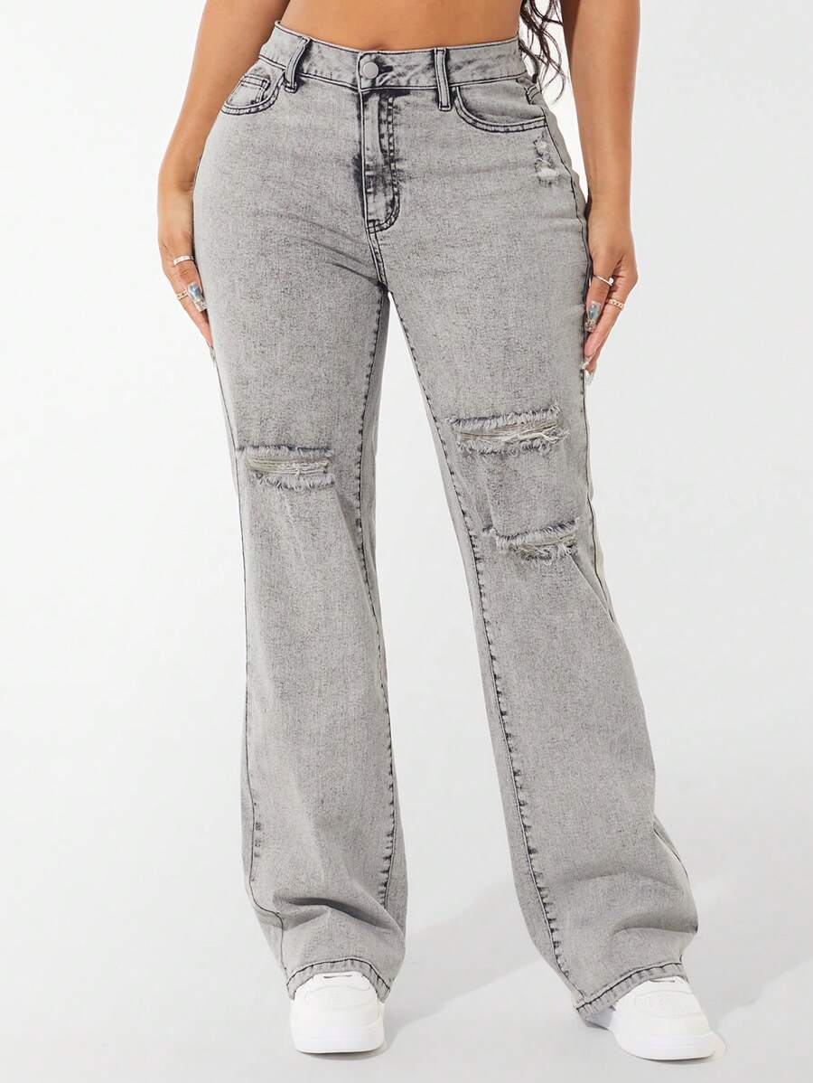 SHEIN SXY Quần Jeans Denim Thường Ngày Túi Rách Trơn - Màu Xám nhạt - Xem 1