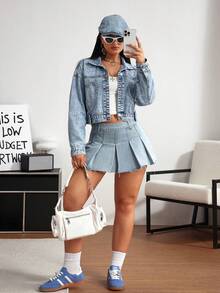 SHEIN EZwear 女式前扣长袖口袋休闲牛仔夹克 - 藍色 - 查看 6