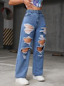 SHEIN EZwear 休闲洗水做旧直筒牛仔裤 - 淺色水洗藍 - 查看 5