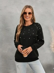 SHEIN LUNE 女士休闲蝙蝠袖珍珠串珠套头衫，长袖上衣