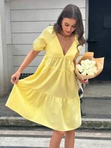 INAWLY Women's Solid Color V-Neck Short Sleeve Ruched Mini Casual Dress - Yellow - View 1