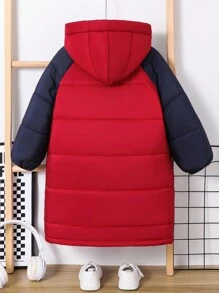 SHEIN 1pc Young Boys Casual Comfortable Warm Classic Blue & Red Pieced Hooded Long Padded Coat, Suitable For Outings, School, Daily Gatherings, Autumn & Winter Seasons
