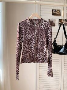 SHEIN EZwear Leopard Print Zip Up Skinny Crop Jacket For Spring & Summer - Brown - View 7