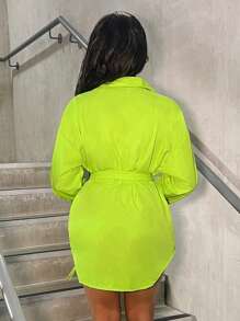 BamGleam BamGlam 女士霓虹绿色亮片拼布口袋休闲衬衫，长袖女士衬衫，秋季女士衬衫 - 綠色 - 查看 2